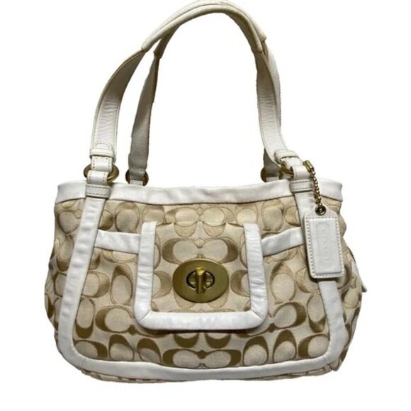 Coach Cricket 13604 Cream Tan Signature Shoulder Bag Purse Leather Trim TurnLock - Picture 1 of 15